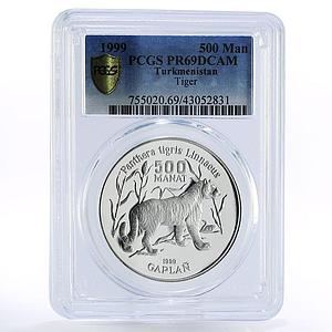 Turkmenistan 500 manat Endangered Wildlife Tiger PR69 PCGS silver coin 1999