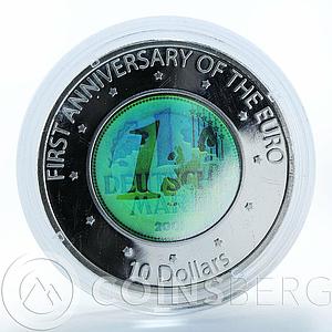 Nauru 10 dollars 1st Anniversary of Euro German Mark Hologram silver coin 2003