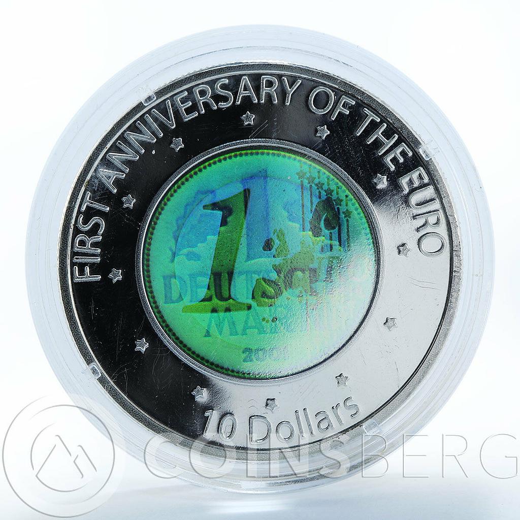 Nauru 10 dollars 1st Anniversary of Euro German Mark Hologram silver coin 2003