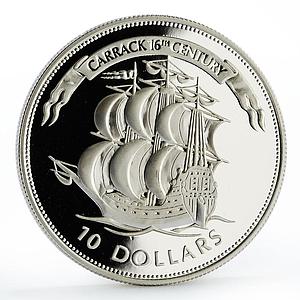 Belize 10 dollars Seafaring Carrack 16th Century Ship Clipper silver coin 1995
