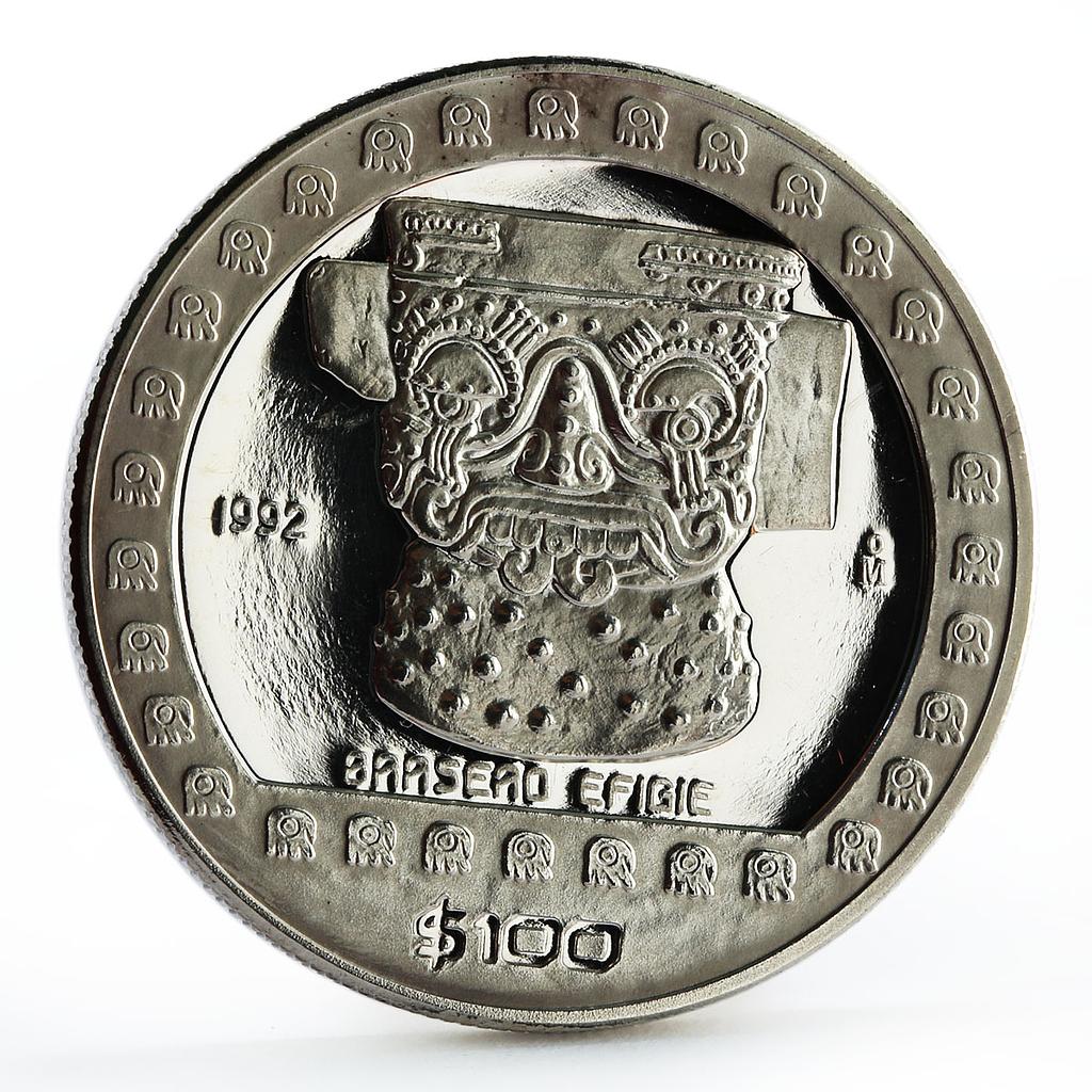 Mexico 100 pesos Precolombina Brasero Efigie Statue silver coin 1992