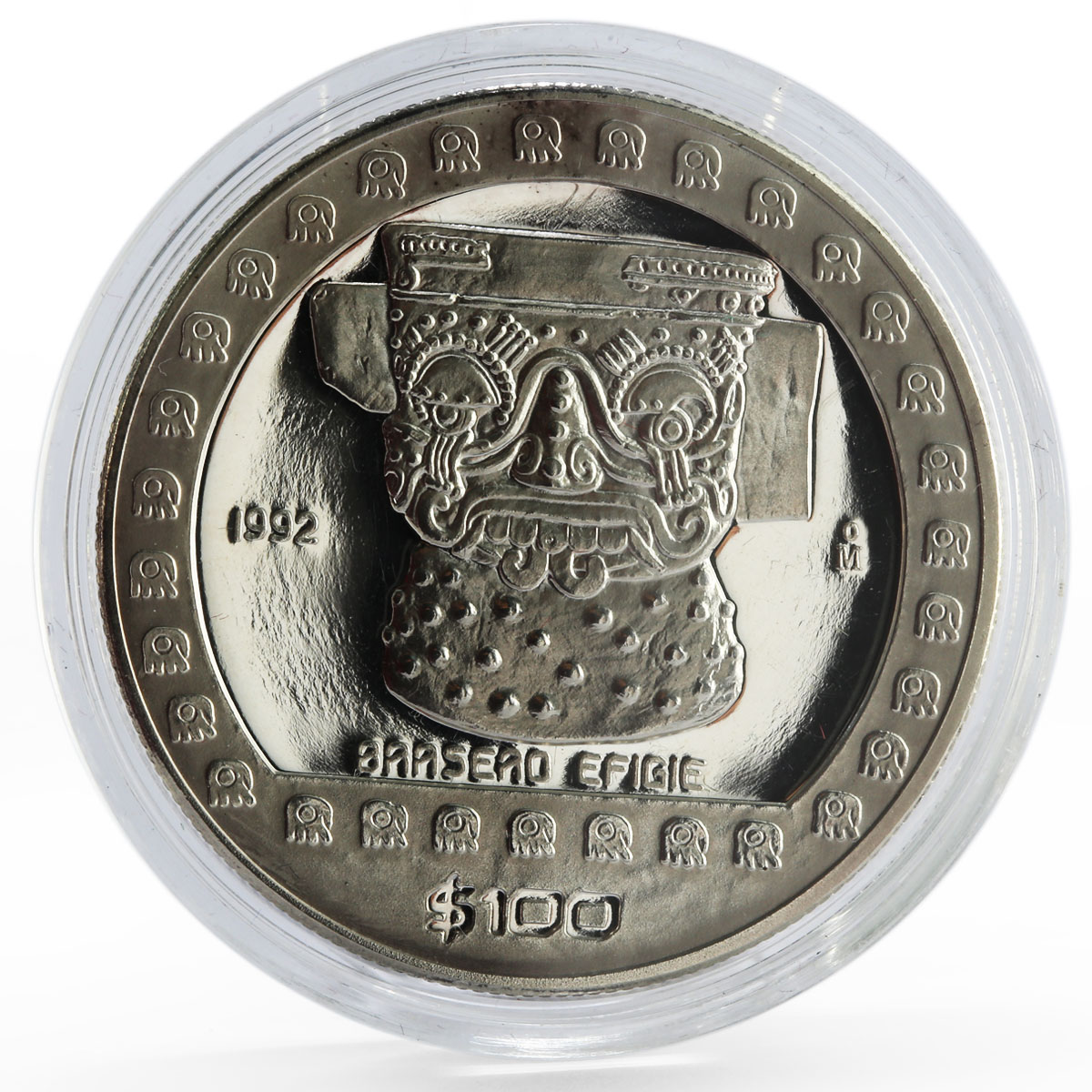 Mexico 100 pesos Precolombina Brasero Efigie Statue silver coin 1992