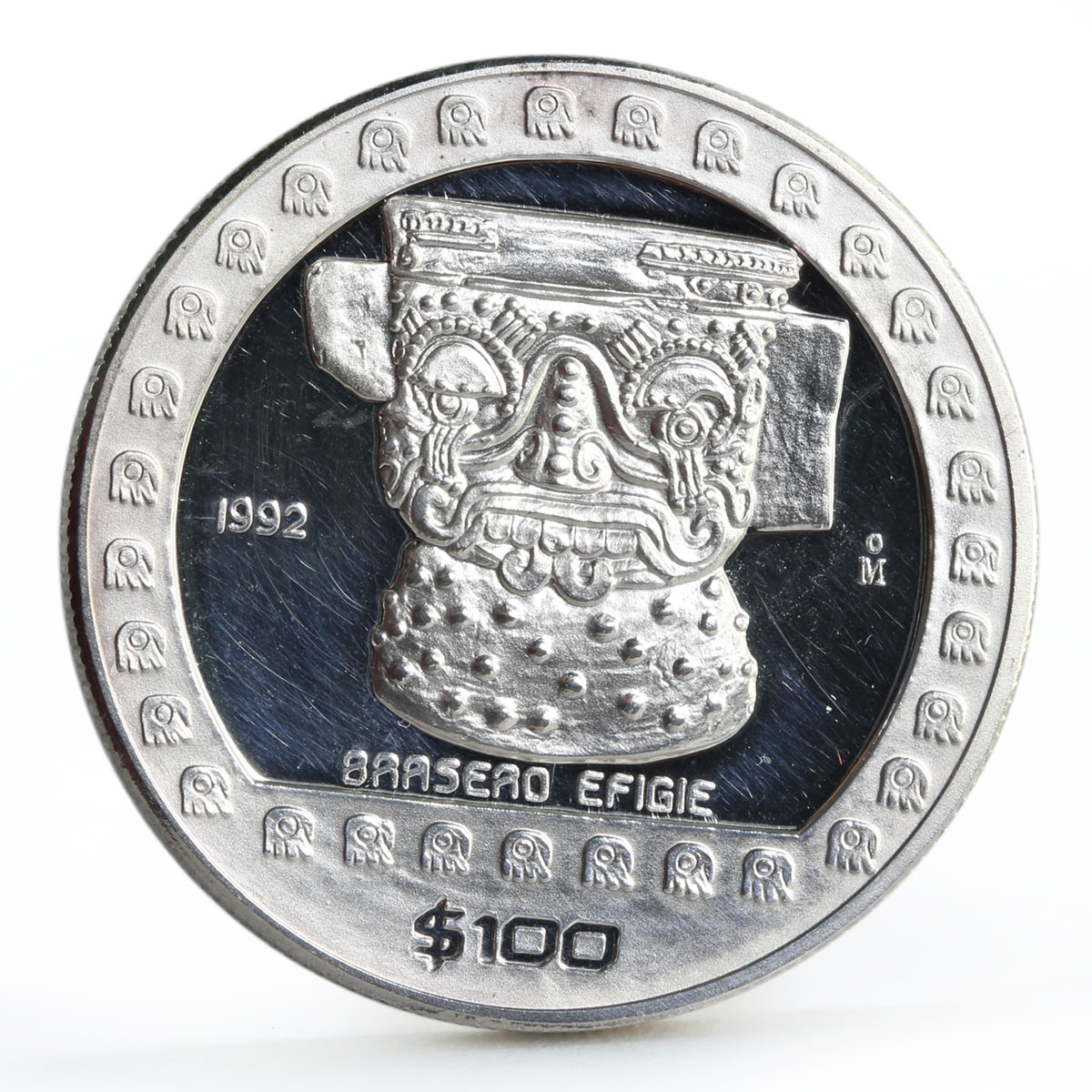Mexico 100 pesos Precolombina Brasero Efigie Statue silver coin 1992