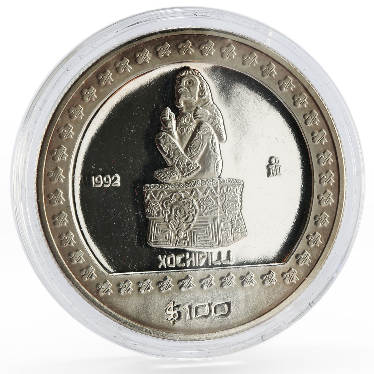 Mexico 100 pesos Seated Sculpture Xochipilli proof silver coin 1992