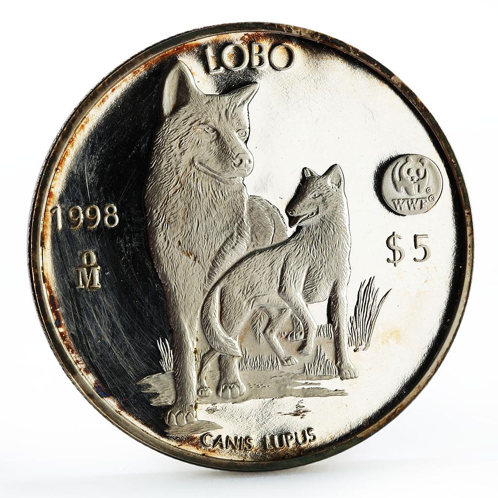Mexico 5 pesos World Wildlife Fund Wolf Lobo proof silver coin 1998