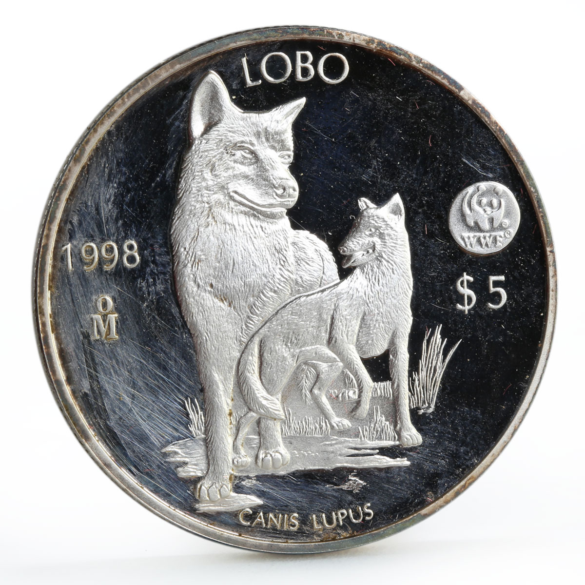 Mexico 5 pesos World Wildlife Fund Wolf Lobo proof silver coin 1998