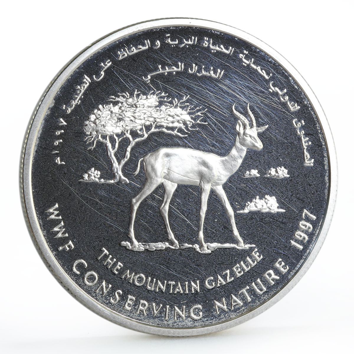 Oman 1 rial WWF Conserving Nature series The Mountain Gazelle silver coin 1997