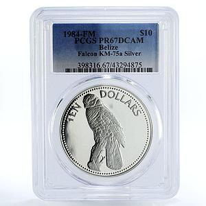 Belize 10 dollars Belizian Birds Laughing Falcon PR67 PCGS silver coin 1984