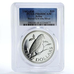 Belize 10 dollars Belizian Birds Amazon Parrot PR68 PCGS silver coin 1982