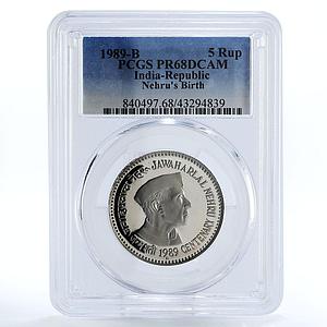 India 5 rupees Premier-Minister Jawaharlal Nehru PR68 PCGS CuNi coin 1989