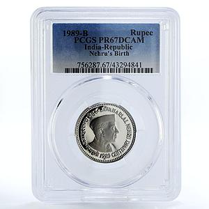 India 1 rupee Premier-Minister Jawaharlal Nehru PR67 PCGS CuNi coin 1989