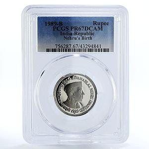 India 1 rupee Premier-Minister Jawaharlal Nehru PR67 PCGS CuNi coin 1989