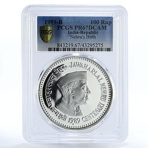 India 100 rupees Premier-Minister Jawaharlal Nehru PR67 PCGS silver coin 1989