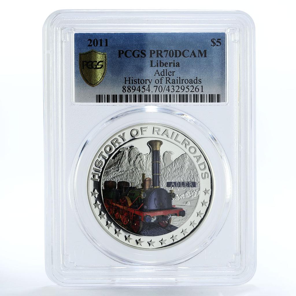 Liberia 5 dollars Adler Train Railroad PR70 PCGS silver coin 2011