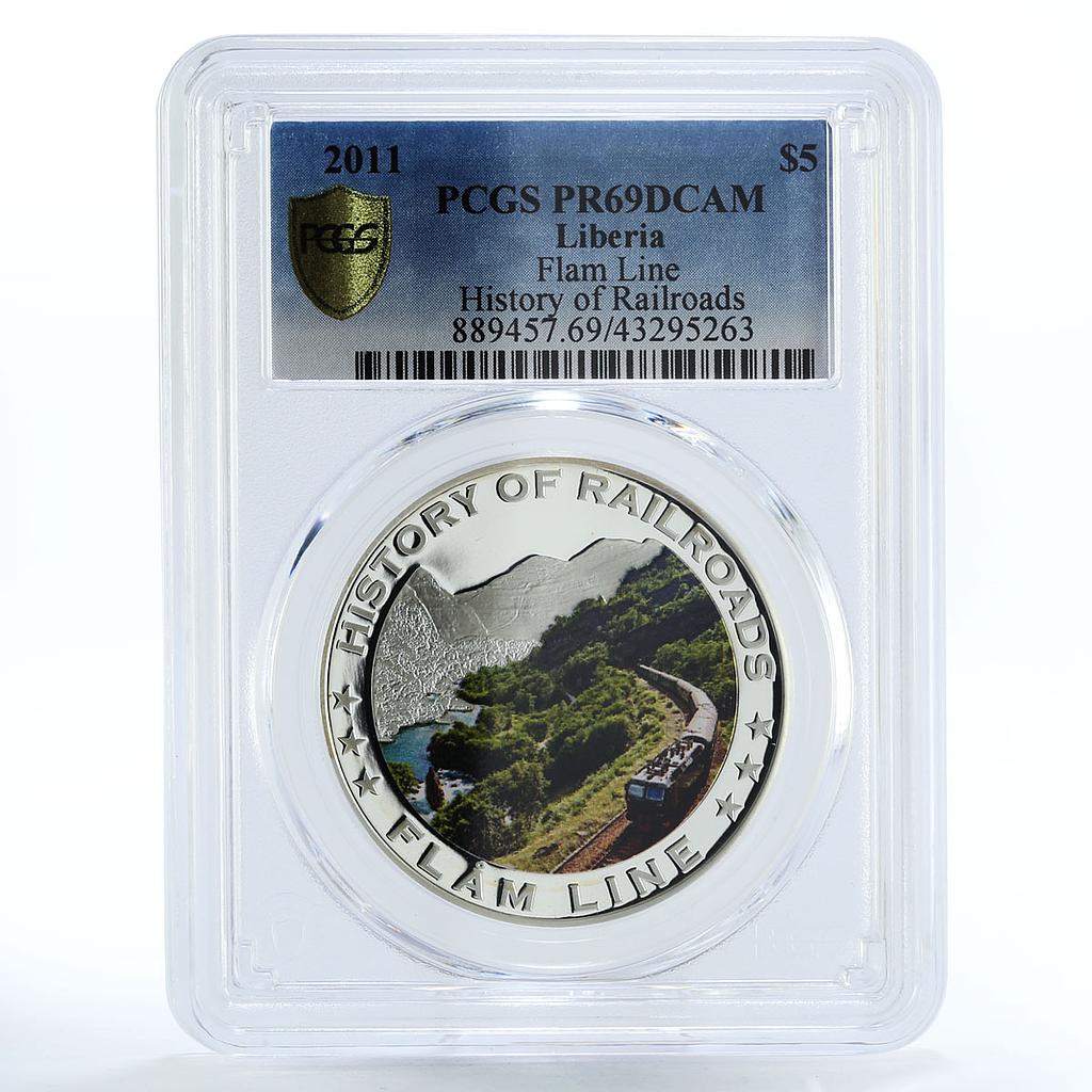 Liberia 5 dollars Flam Line Train Railroad PR69 PCGS silver coin 2011