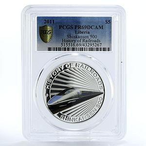 Liberia 5 dollars Shinkansen 500 Train Railroad PR69 PCGS silver coin 2011