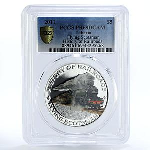 Liberia 5 dollars Flying Scotsman Train Railroad PR69 PCGS silver coin 2011