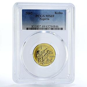 Nigeria 1 kobo Two Monkey Musicians MS69 PCGS brass coin 2003