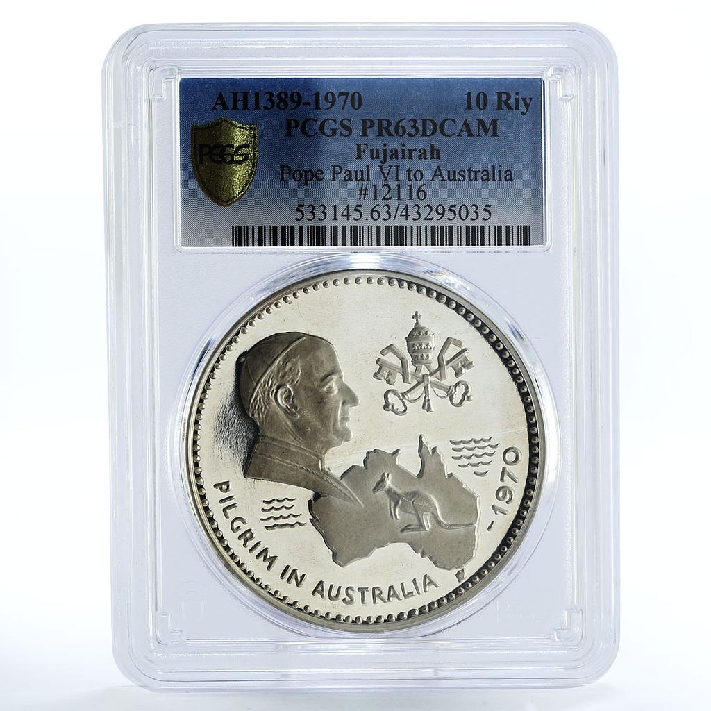 Fujairah 10 riyals Pilgrim in Australia PR63 PCGS proof silver coin 1970