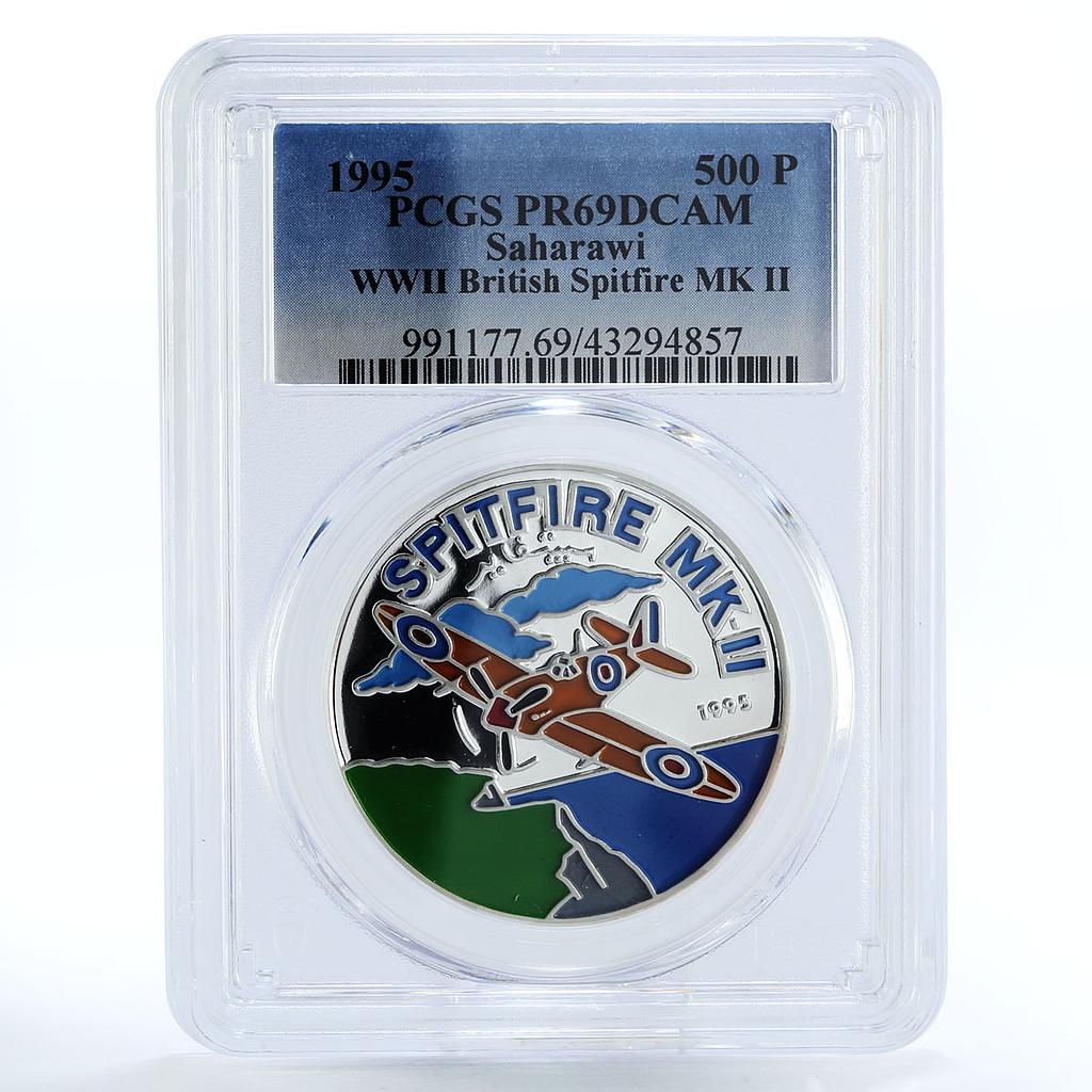 Saharawi 500 pesetas British Spitfire MK II Plane PR69 PCGS silver coin 1995