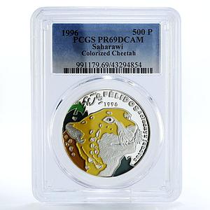 Saharawi 500 pesetas World Wildlife Cheetah PR69 PCGS colored silver coin 1996