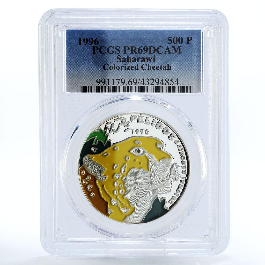 Saharawi 500 pesetas World Wildlife Cheetah PR69 PCGS colored silver coin 1996