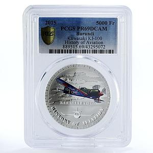 Burundi 5000 francs Kawasaki KI-100 Plane Aviation PR69 PCGS silver coin 2015