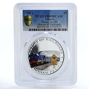 Liberia 5 dollars Indian Pacific Train Railroad PR69 PCGS silver coin 2011