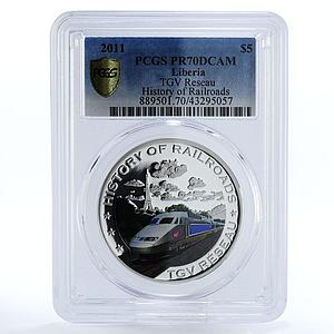 Liberia 5 dollars TGV Reseau Train Railroad PR70 PCGS silver coin 2011