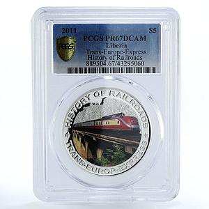 Liberia 5 dollars Trans Europe Express Train Railroad PR67 PCGS silver coin 2011