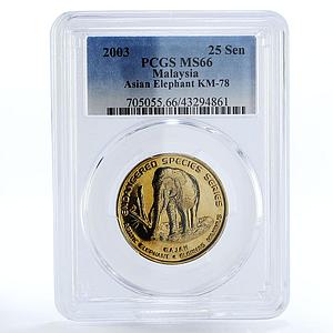 Malaysia 25 sen Endangered Wildlife Asian Elephant MS66 PCGS copper coin 2003