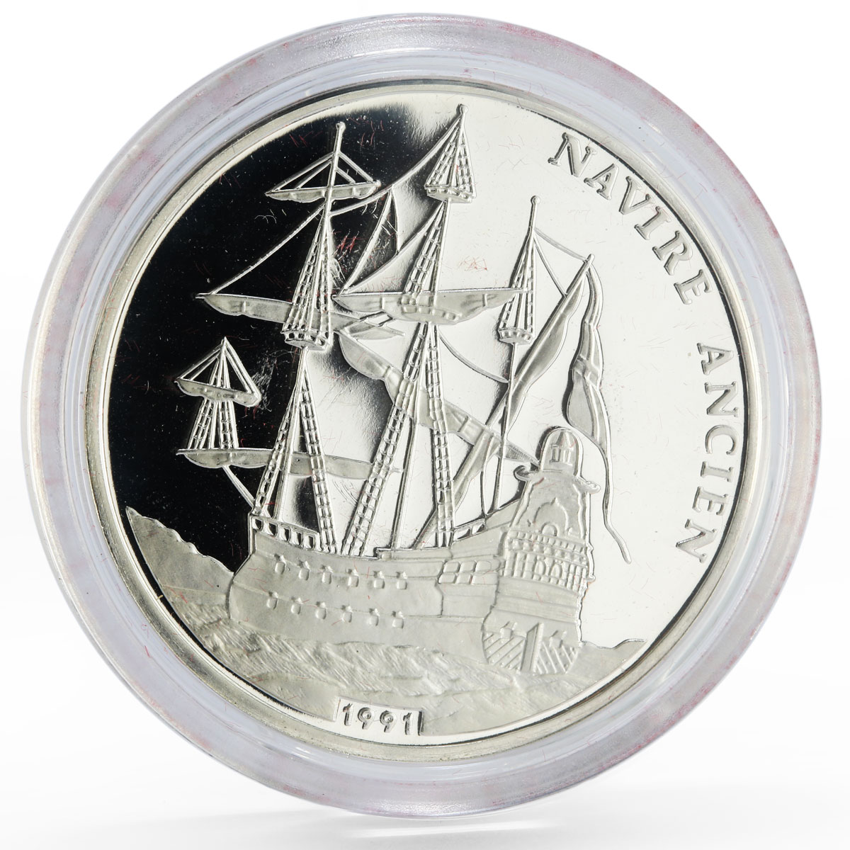 Congo 500 francs Ship Navire Ancien proof silver coin 1991