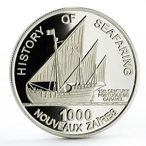 Zaire 1000 zaires Seafaring Portuguese Caravel Ship Clipper silver coin 1997