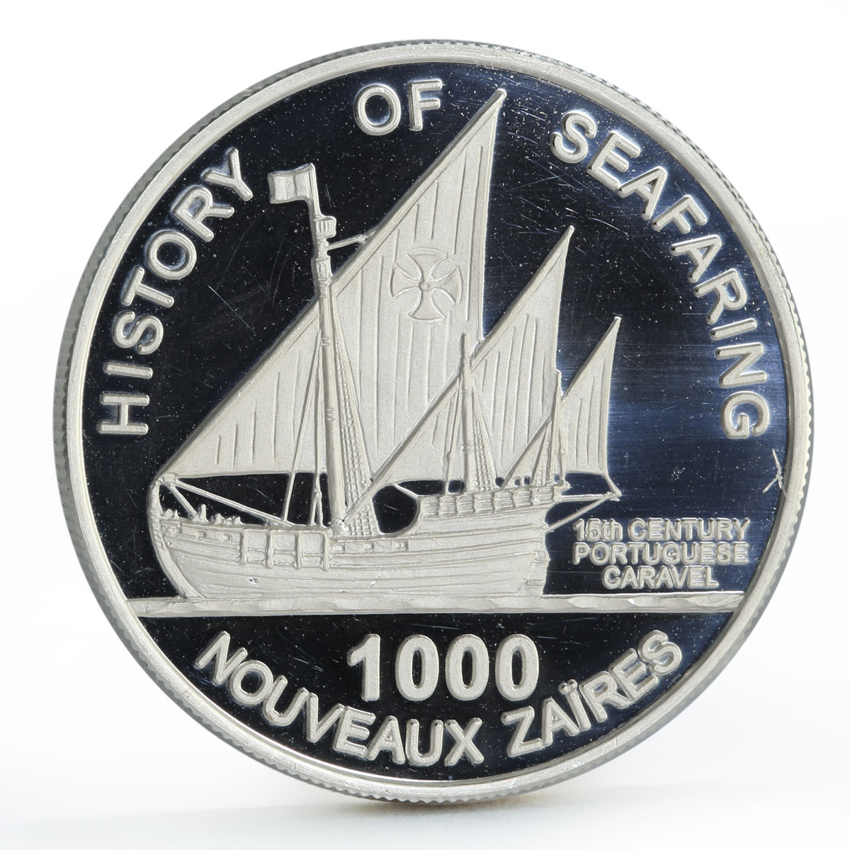 Zaire 1000 zaires Seafaring Portuguese Caravel Ship Clipper silver coin 1997