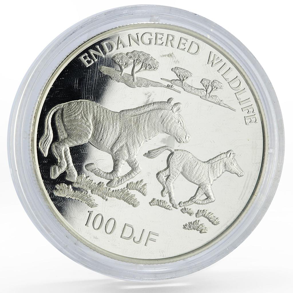 Djibouti 100 francs Endangered Wildlife African Zebras proof silver coin 1994