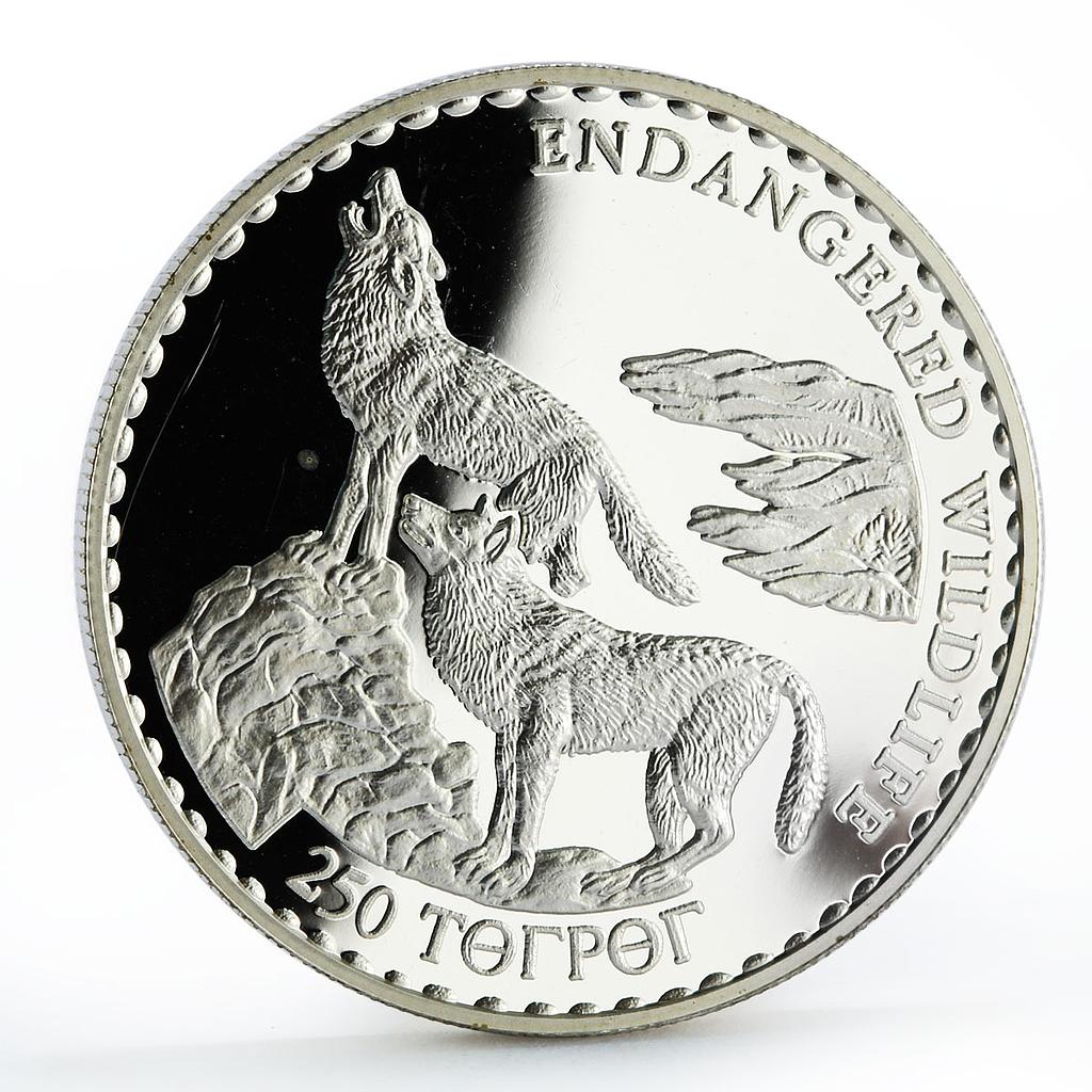 Mongolia 250 togrog Endangered Wildlife Wolves proof silver coin 1992