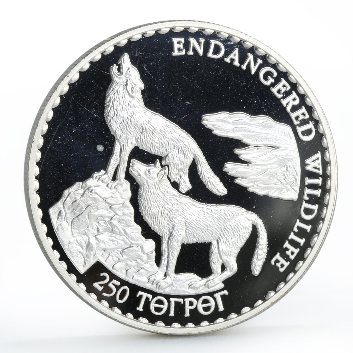 Mongolia 250 togrog Endangered Wildlife Wolves proof silver coin 1992