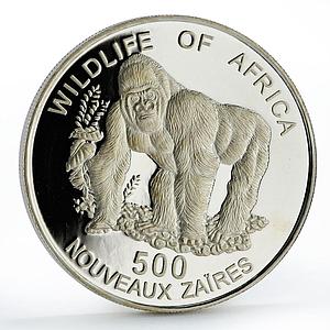 Zaire 500 francs African Wildlife Fauna Gorilla proof silver coin 1996