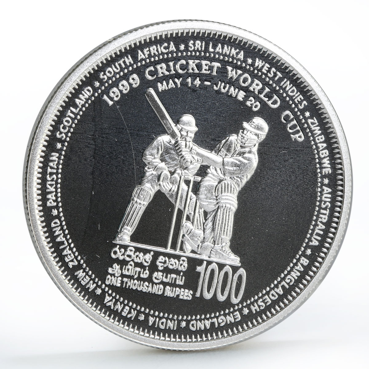 Sri Lanka 1000 rupees Cricket World Cup Two Players proof silver coinoin 1999