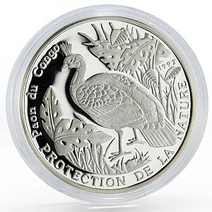 Congo 500 francs Endangered Wildlife Fauna Congo Peafowl proof silver coin 1992