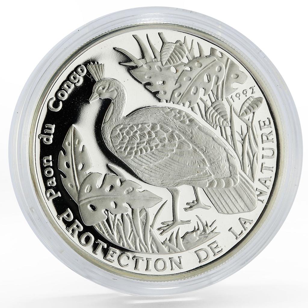 Congo 500 francs Endangered Wildlife Fauna Congo Peafowl proof silver coin 1992