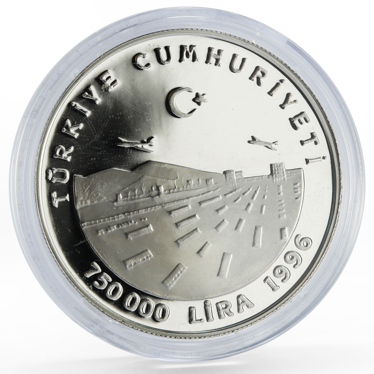 Turkey 750000 lira Custom Union Clasped Hands Planes Road proof silver coin 1996
