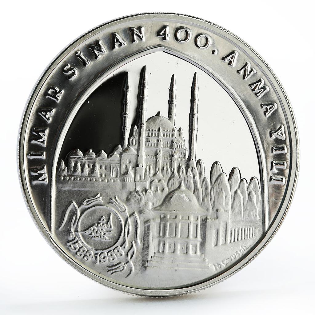 Turkey 20000 lira Architect Mimar Sinan Mosque Landscape proof silver coin 1988