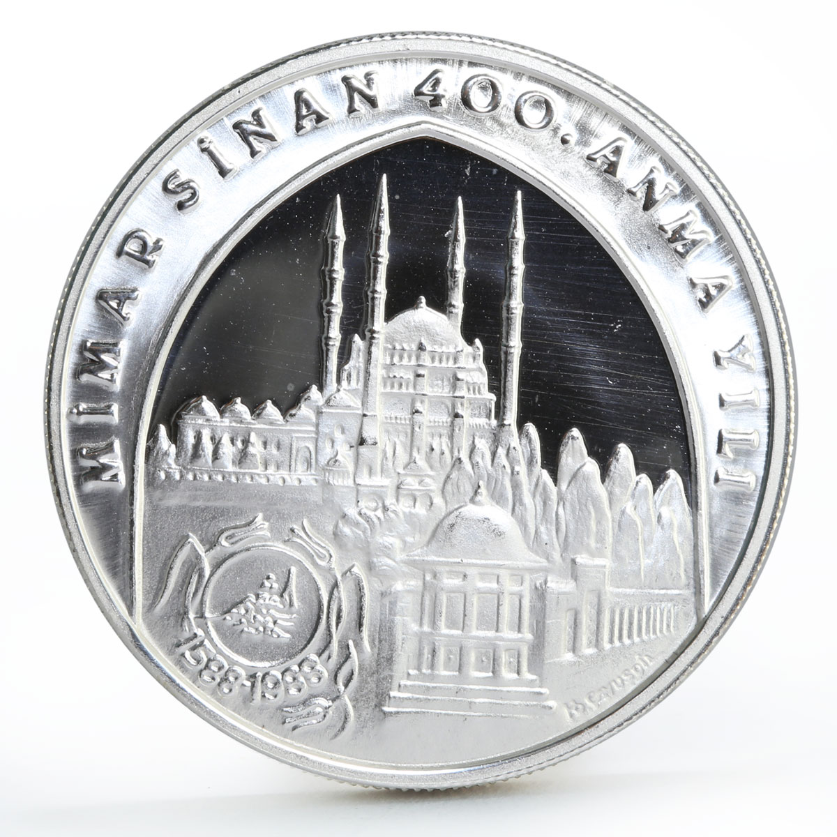 Turkey 20000 lira Architect Mimar Sinan Mosque Landscape proof silver coin 1988