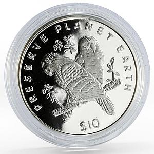Liberia 10 dollars Endangered Wildlife Fauna Grey Parrot Bird silver coin 1996
