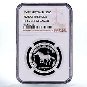 Australia 50 cent Year of the Horse PF 69 NGC silver coin 1/2 oz 2002