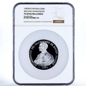 Panama 20 balboas Bicentennial Simon Bolivar PF 69 NGC silver coin 1983