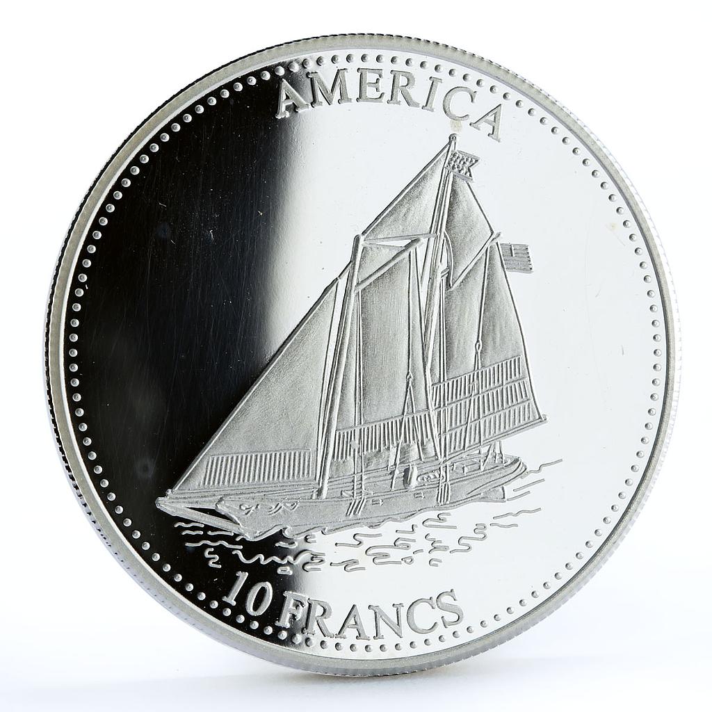 Congo 10 francs History of Seafaring Ship America Clipper proof silver coin 2001