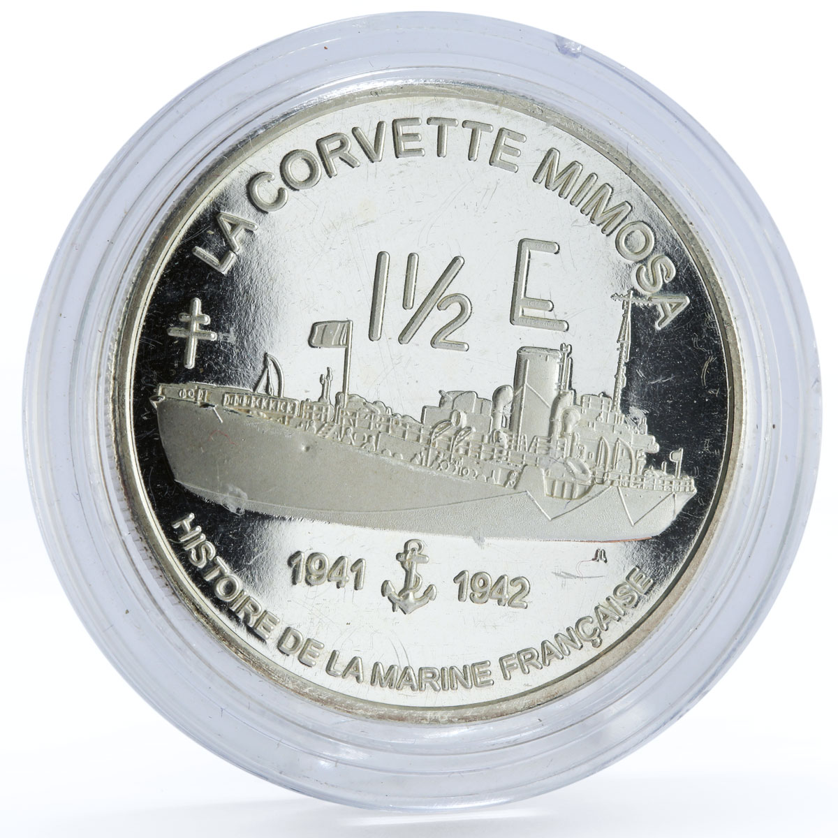 France 1 1/2 euro La Corvette Mimosa Ship proof silver coin 2004