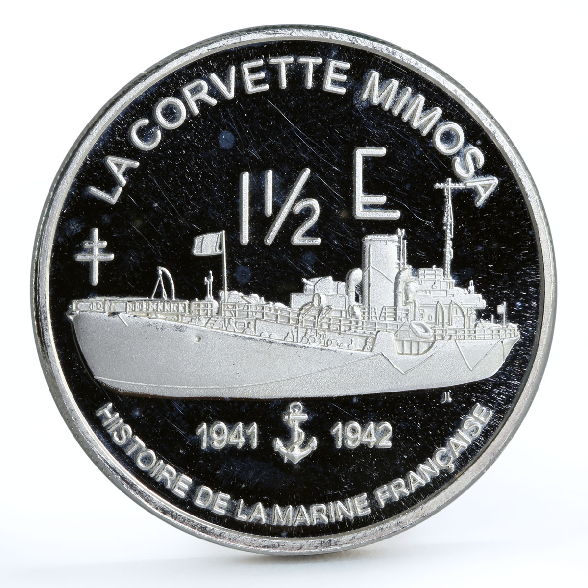 France 1 1/2 euro La Corvette Mimosa Ship proof silver coin 2004